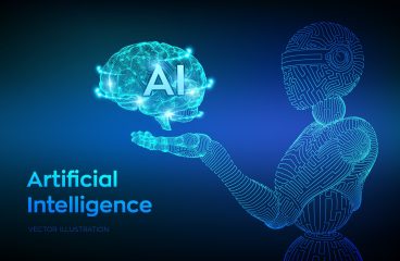 ai. artificial intelligence. ai in the form of cyborg or bot. wireframe robot. digital brain. brain in robotic hand. machine learning. graphic design concept of future. vector illustration.