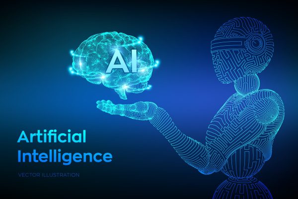 ai. artificial intelligence. ai in the form of cyborg or bot. wireframe robot. digital brain. brain in robotic hand. machine learning. graphic design concept of future. vector illustration.